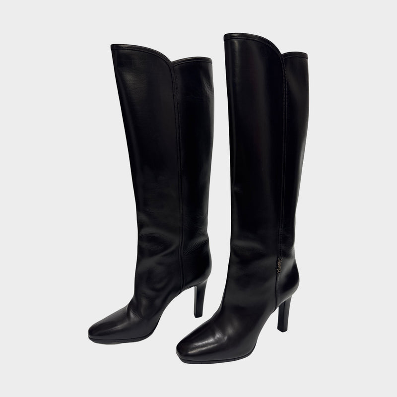 Saint Laurent women's Jane 90 dark brown leather knee-high boots with logo