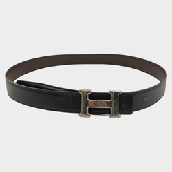 Hermès men's black leather belt with silver H buckle