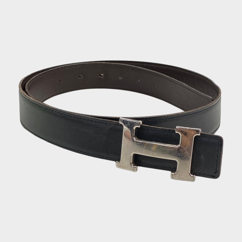 Hermès men's black leather belt with silver H buckle