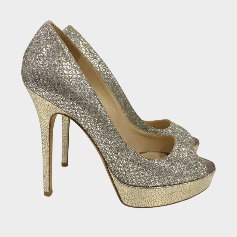 Jimmy Choo silver glitter platform heels