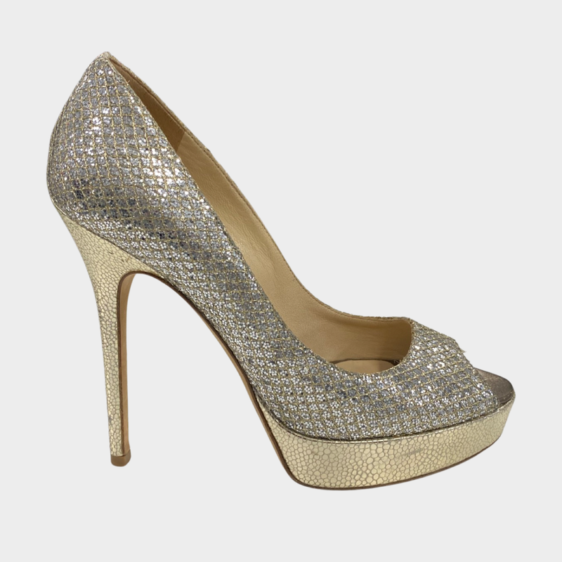 Jimmy Choo silver glitter platform heels