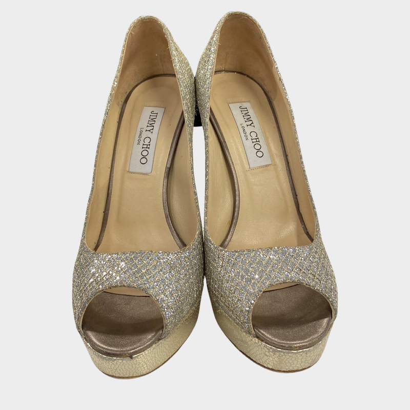 Jimmy Choo silver glitter platform heels