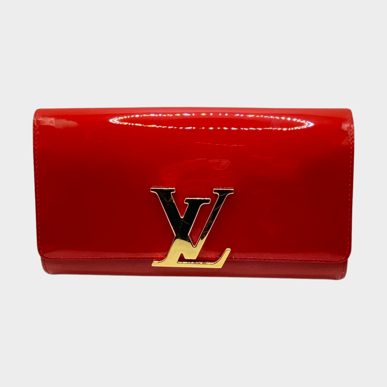 Louis Vuitton women's red patent leather clutch with gold hardware