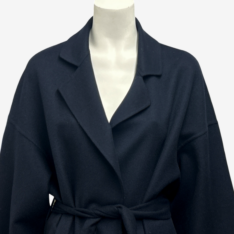 Loewe Women's Navy Woolen Coat With Logo Pocket