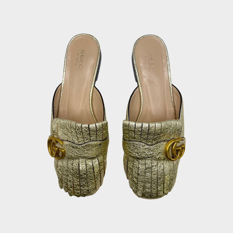 Gucci Women's Gold Leather GG Marmont Fringe Mule