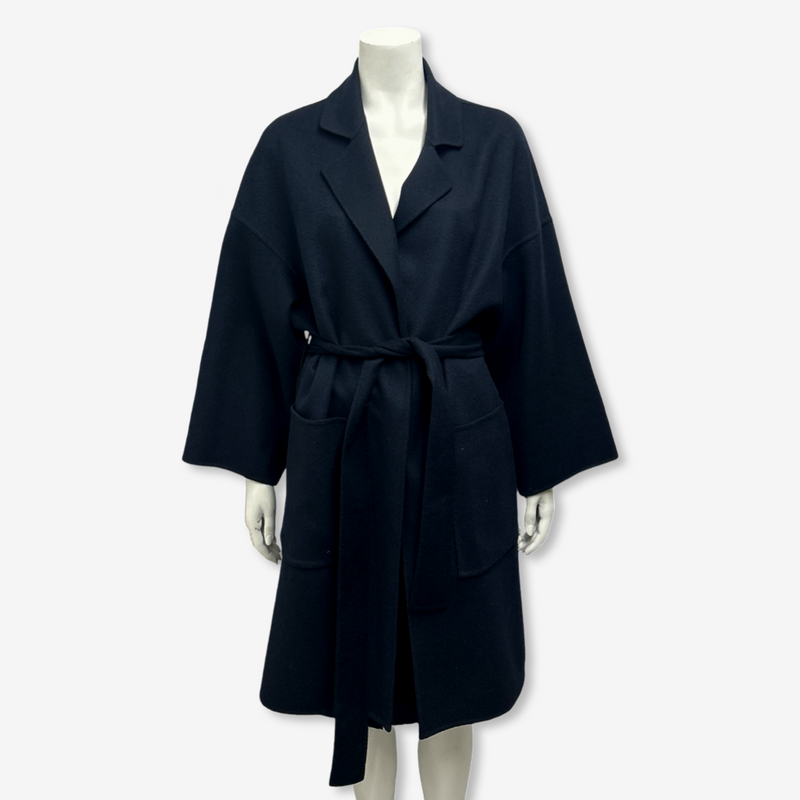 Loewe Women's Navy Woolen Coat With Logo Pocket