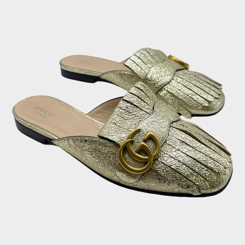 Gucci Women's Gold Leather GG Marmont Fringe Mule