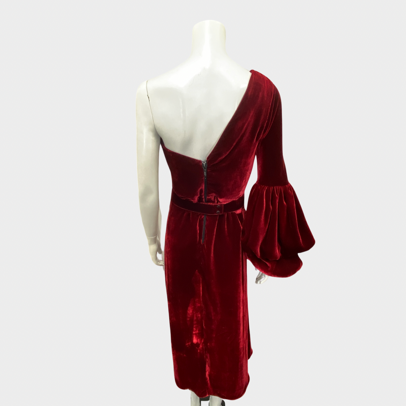 Johanna Ortiz red velvet one shoulder dress Loop Generation