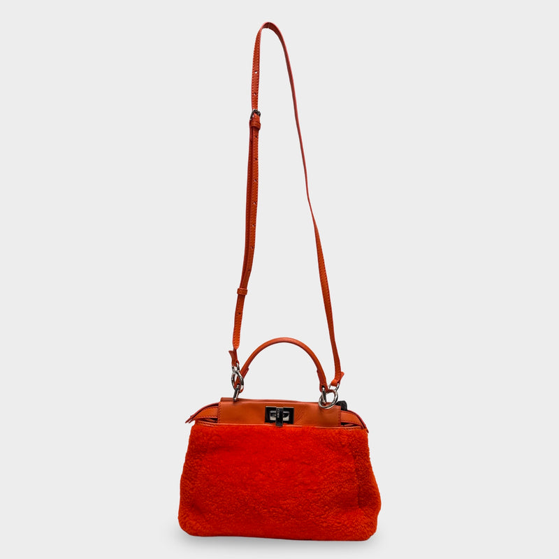 Fendi Orange Mini Peekaboo Faux ShearlingHandbag