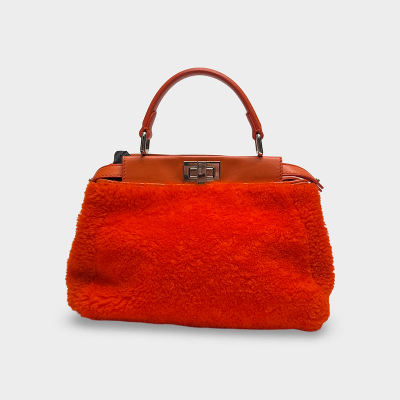 Fendi Orange Mini Peekaboo Faux ShearlingHandbag