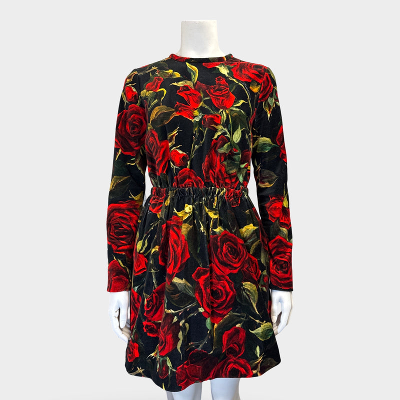 Dolce&Gabbana Black and Red Floral Print Velvet Dress