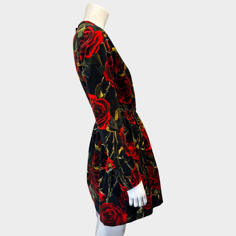 Dolce&Gabbana Black and Red Floral Print Velvet Dress