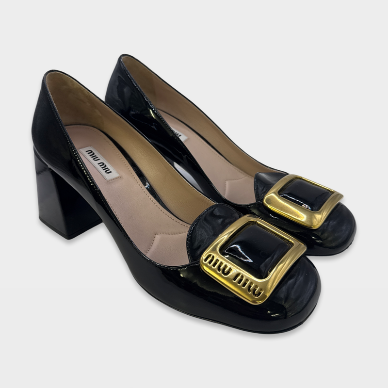 Miu Miu Women's black Logo-Buckle Square patent leather Toe Pumps