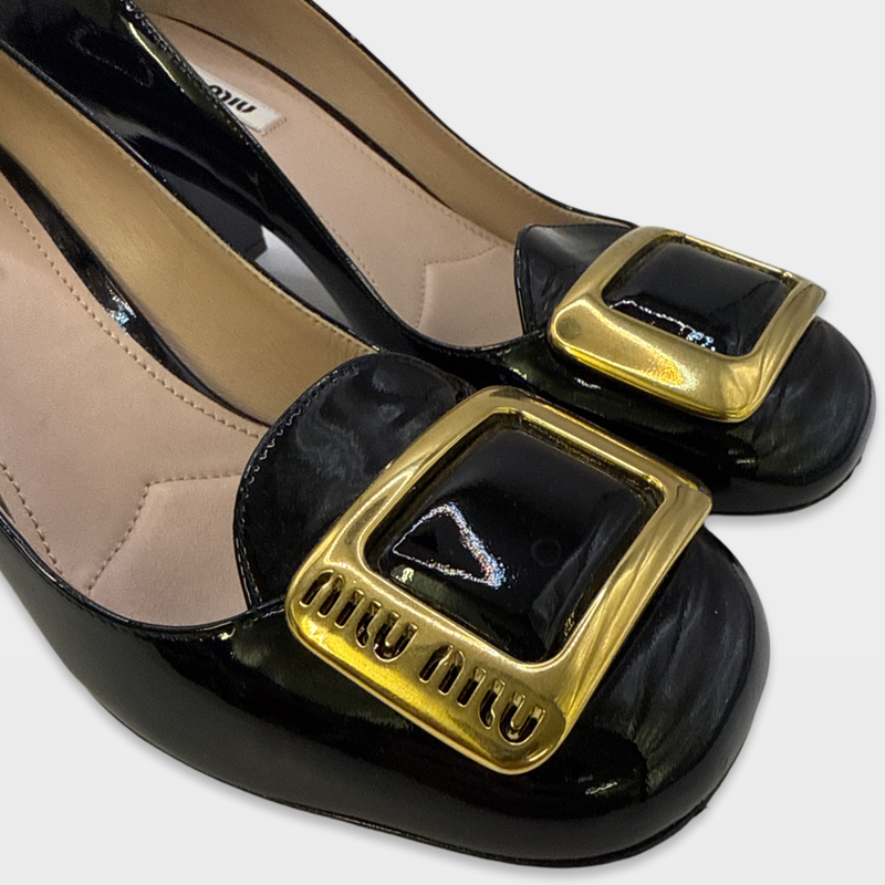 Miu Miu Women's black Logo-Buckle Square patent leather Toe Pumps