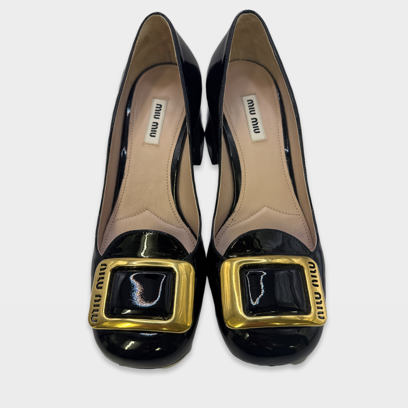 Miu Miu Women's black Logo-Buckle Square patent leather Toe Pumps