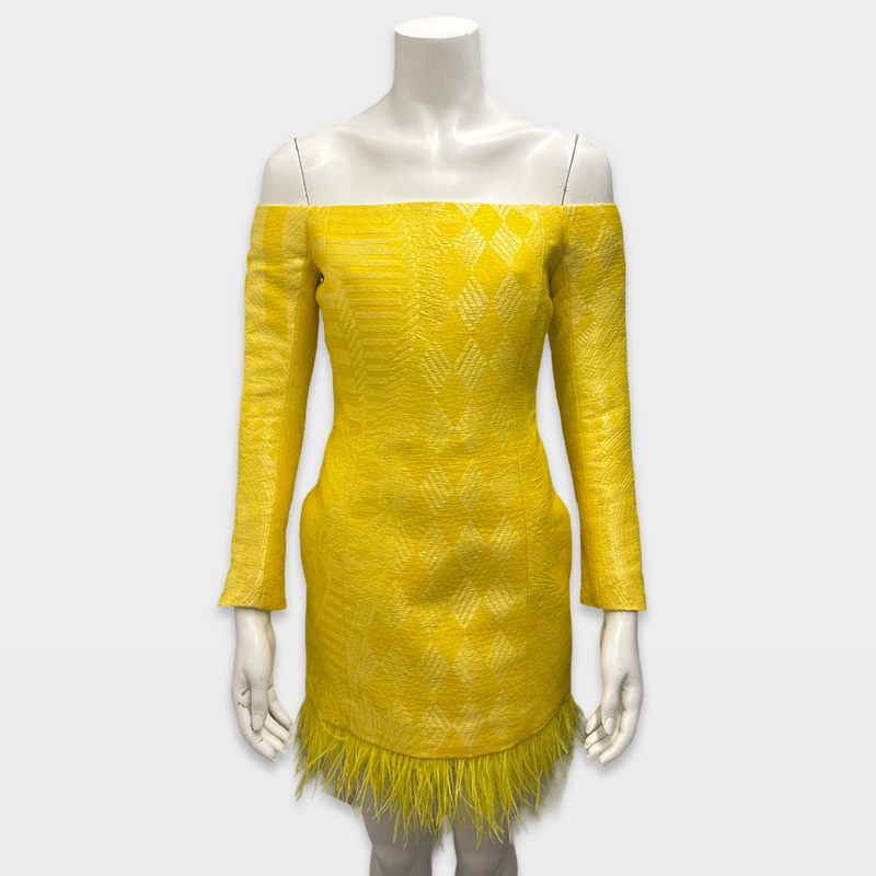 Balmain Yellow off-shoulder feather mini dress