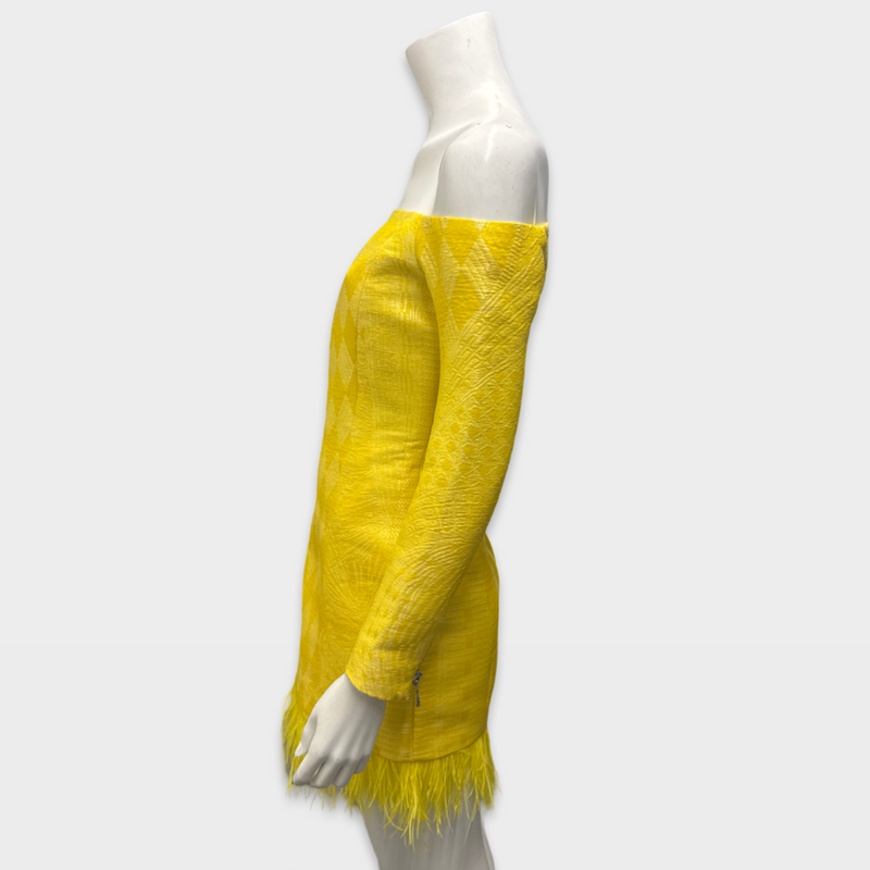 Balmain Yellow off-shoulder feather mini dress