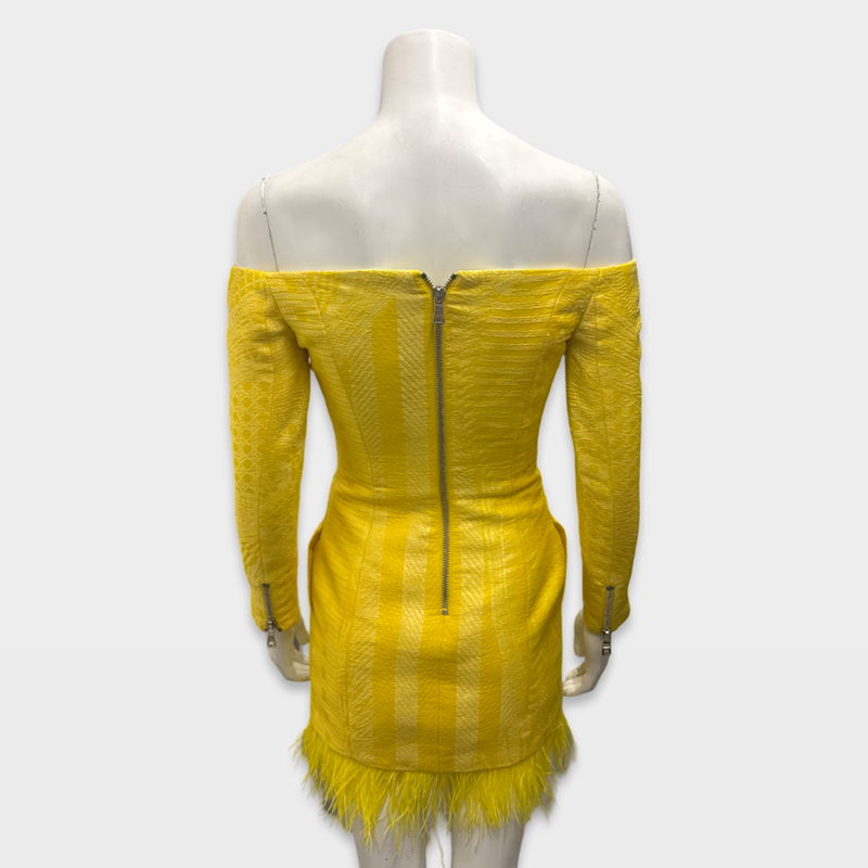 Balmain Yellow off-shoulder feather mini dress