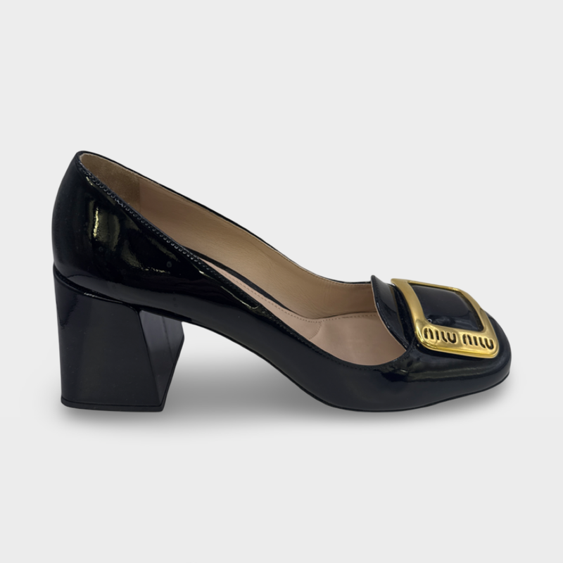 Miu Miu Women's black Logo-Buckle Square patent leather Toe Pumps