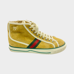 Gucci men's Tennis 1977 beige suede and shearling high top trainers