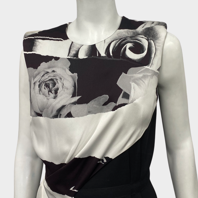 Alexander Mcqueen black and white patchwork floral print silk dress