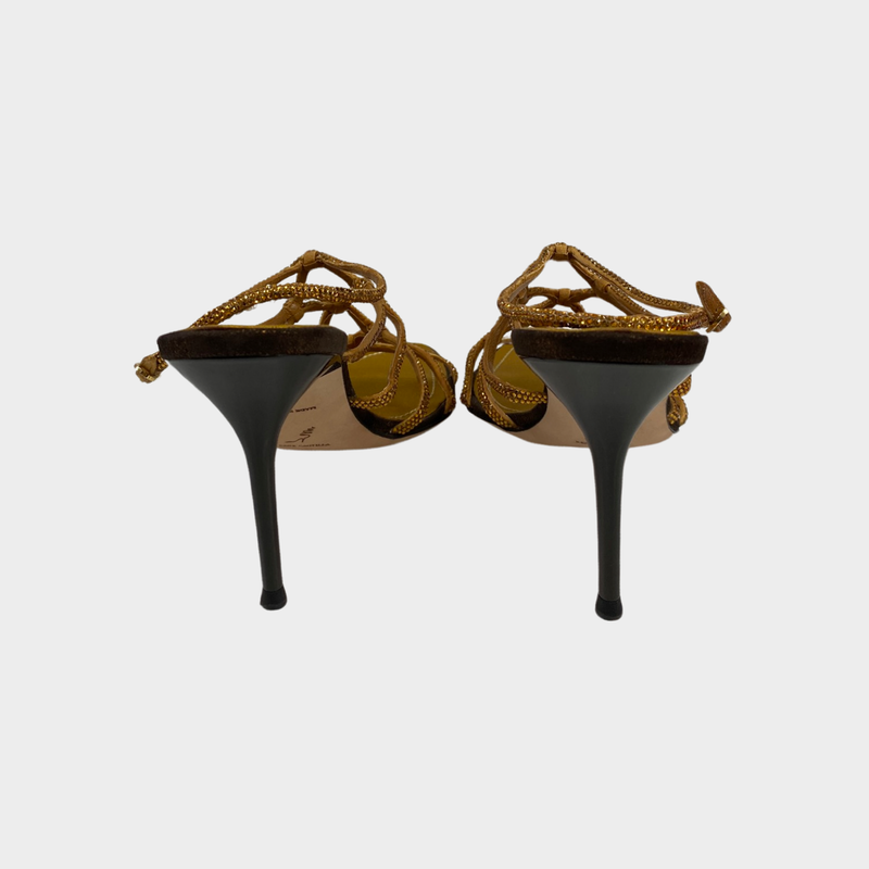 Rene Caovilla brown and gold crystal strappy heels