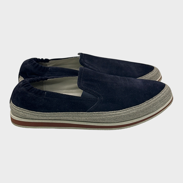 Prada men s navy suede slip on loafers with with raffia trims Loop Generation