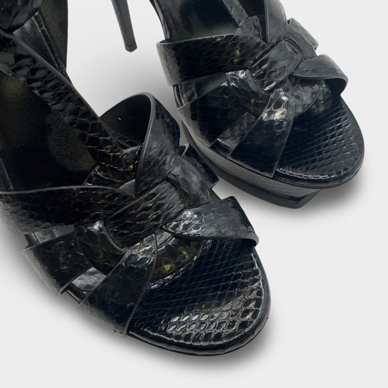 Saint Laurent YSL Black Python Embossed Platform Tribute Sandal Heels