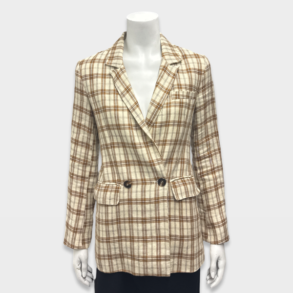 Reformation Women's ecru and brown check linen blazer