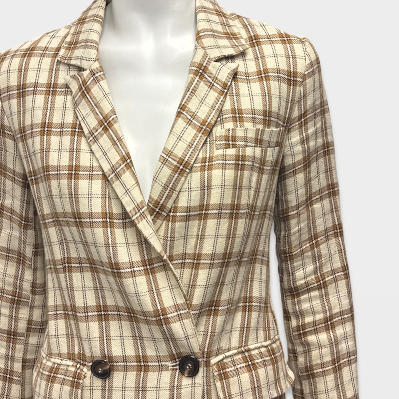 Reformation Women's ecru and brown check linen blazer