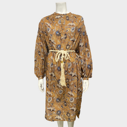 Ulla Johnson camel and navy floral print cotton and viscose belted dress