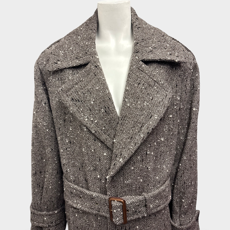 Saint Laurent Grey Herringbone Wool-Blend Tweed Coat