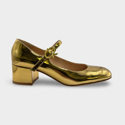 Gianvito Rossi Mary Ribbon Metallic Gold Block Heel Pumps