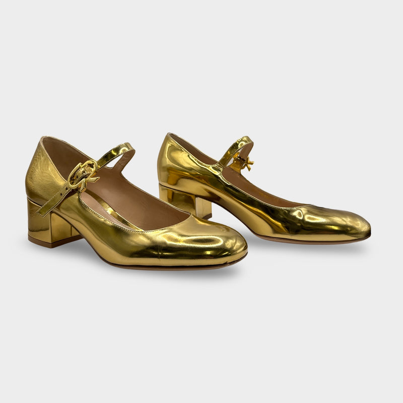 Gianvito Rossi Mary Ribbon Metallic Gold Block Heel Pumps