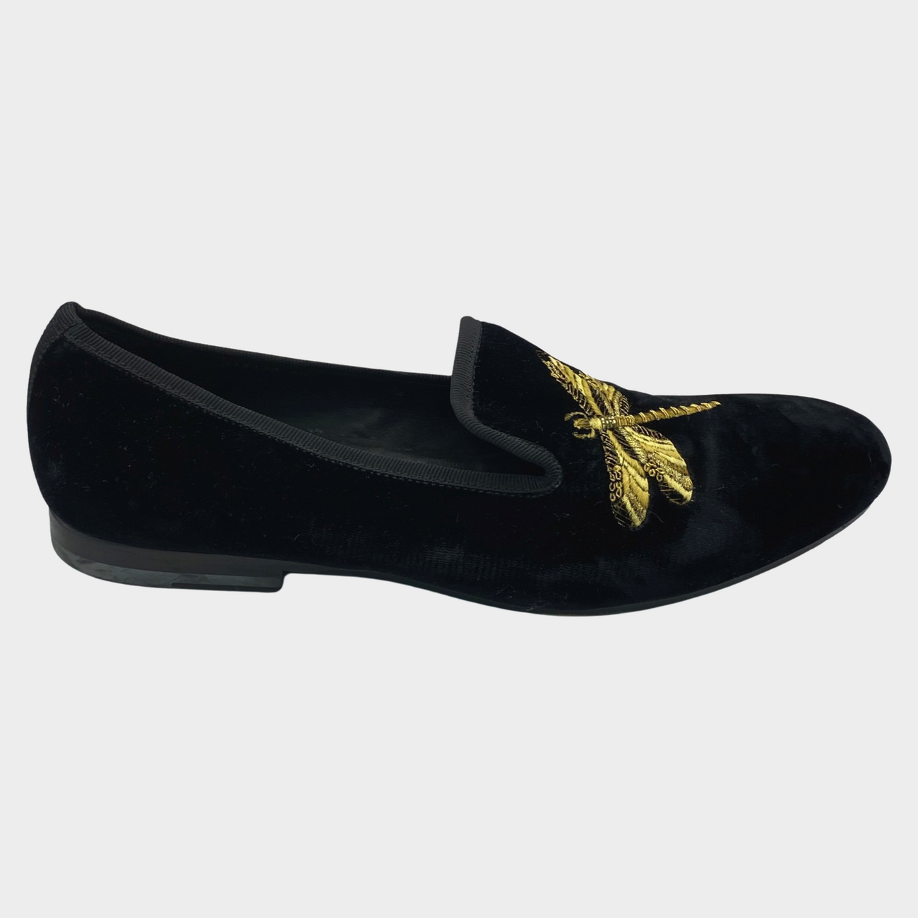 Alexander Mcqueen men s black velvet loafers with gold dragonfly