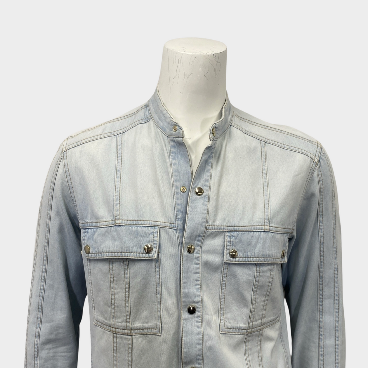 Balmain men s blue denim shirt with silver buttons Loop Generation