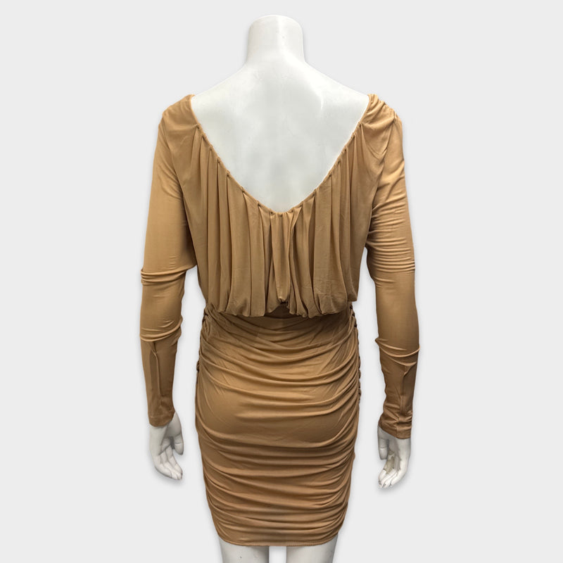 Saint Laurent beige V-Neck Draped Long-Sleeved Dress