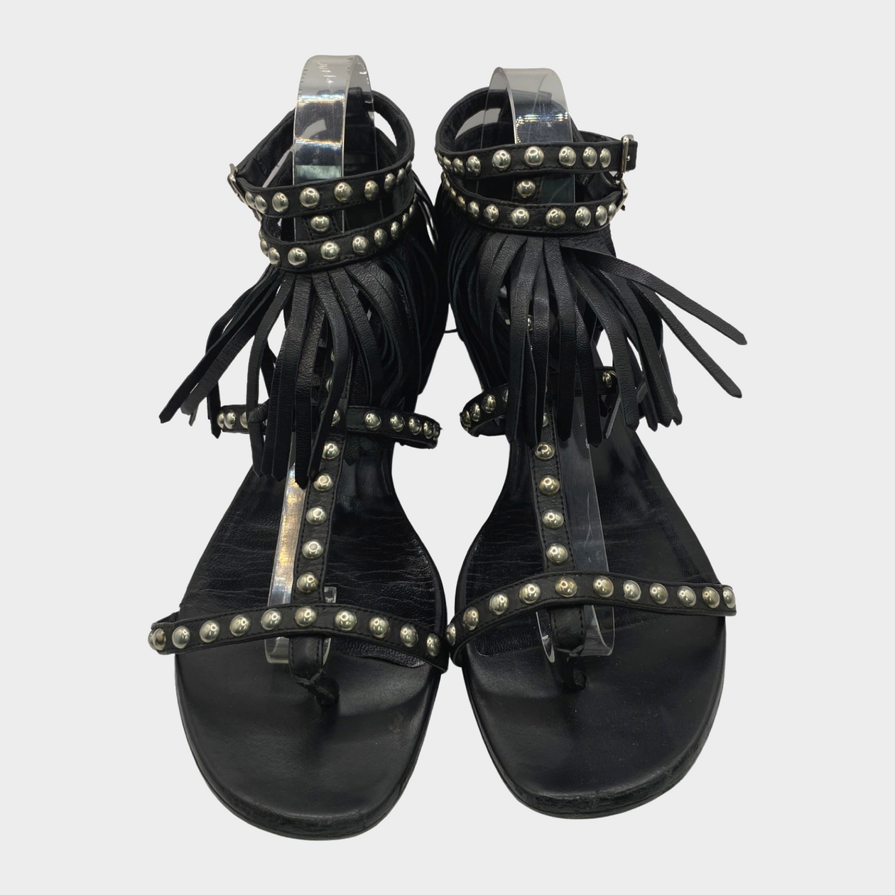 Saint Laurent women s black leather fringe gladiator sandals