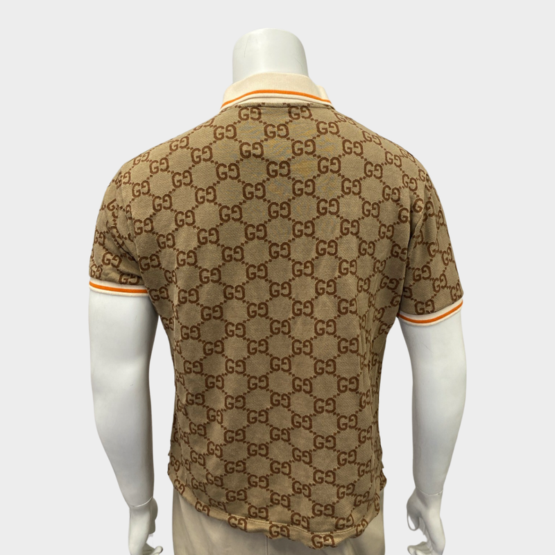 Gucci men's brown monogram polo shirt with gold buttons