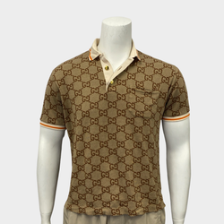 Gucci men's brown monogram polo shirt with gold buttons