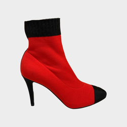 Chanel women's red sock ankle boots with metallic detail