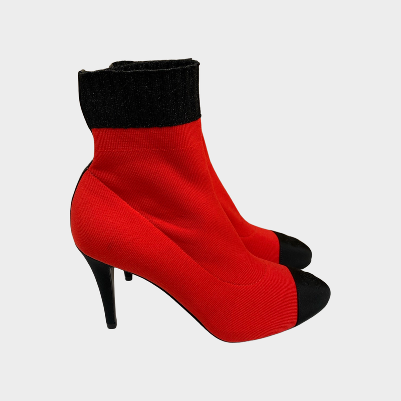 Chanel women's red sock ankle boots with metallic detail