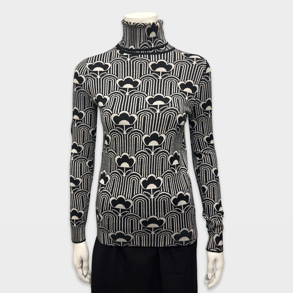 Prada Women's Black and White floral and stripe pattern wool Turtleneck