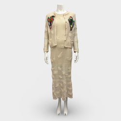 Chanel Beige Knit Set of Dress And Cardigan with Parrot Appliqués