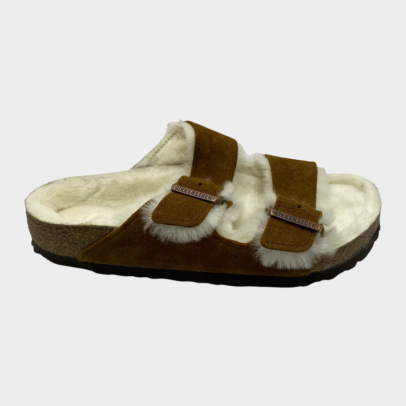 Birkenstock women's tan suede shearling sandals with white fur