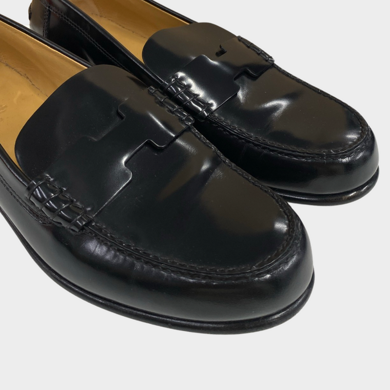 Hermes women's black H leather loafers