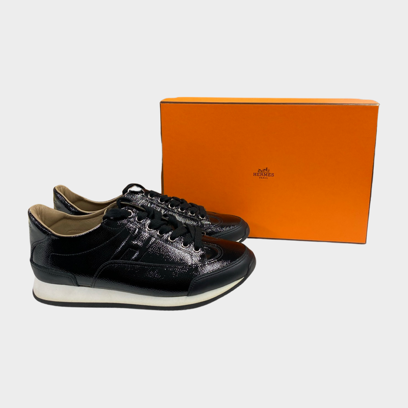 Hermes women's black leather shiny grained trainers