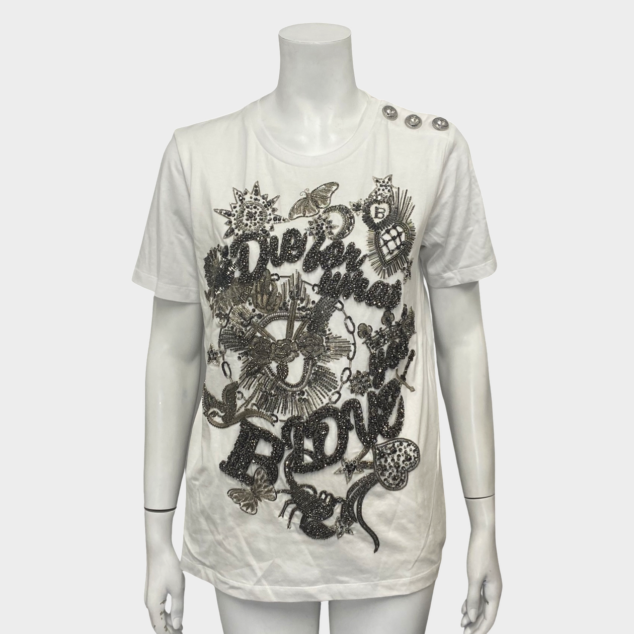 Balmain women's white cotton t-shirt with metallic silver