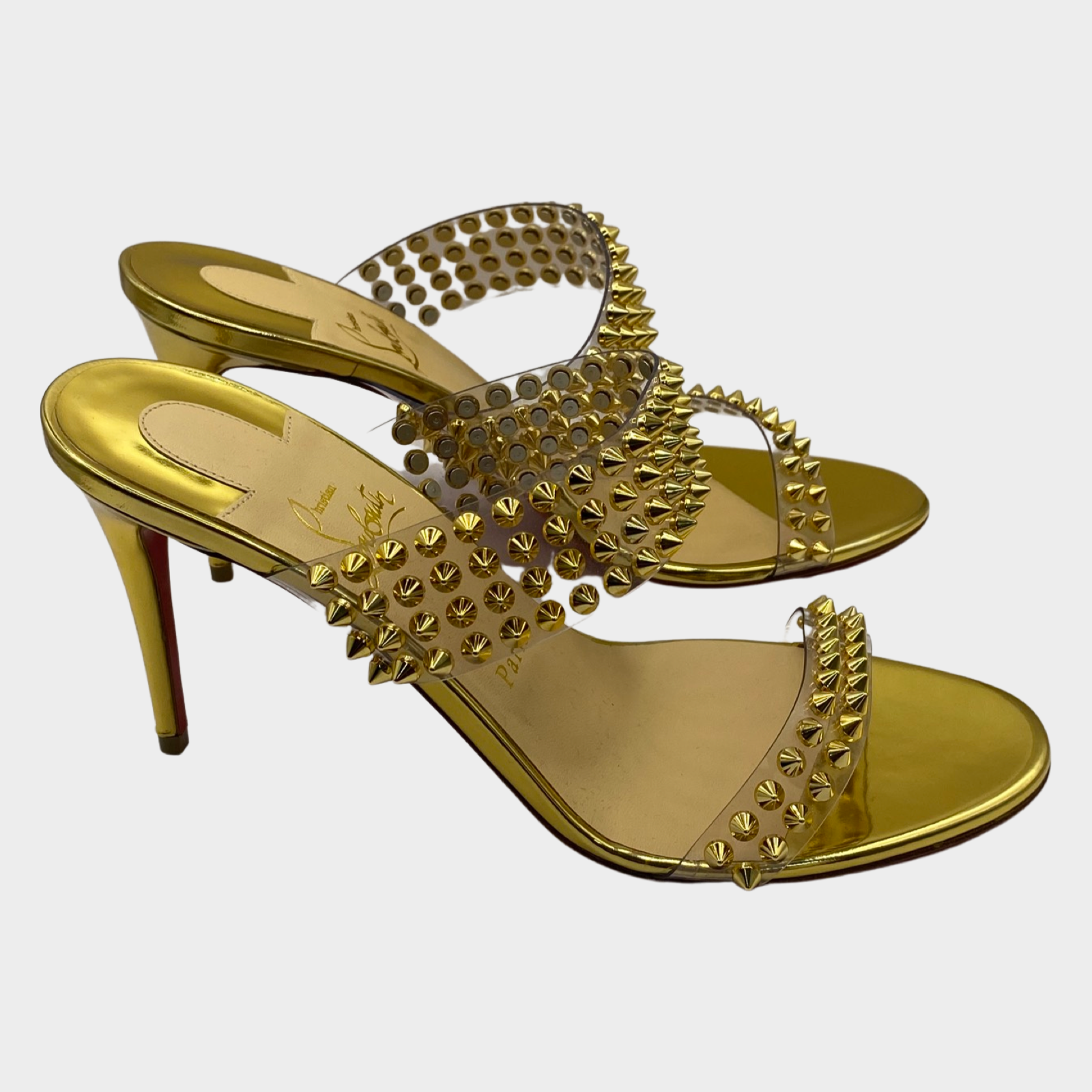 Christian Louboutin Spikes Only Gold Specchio 85 PVC and Leather Mules –  AvaMaria