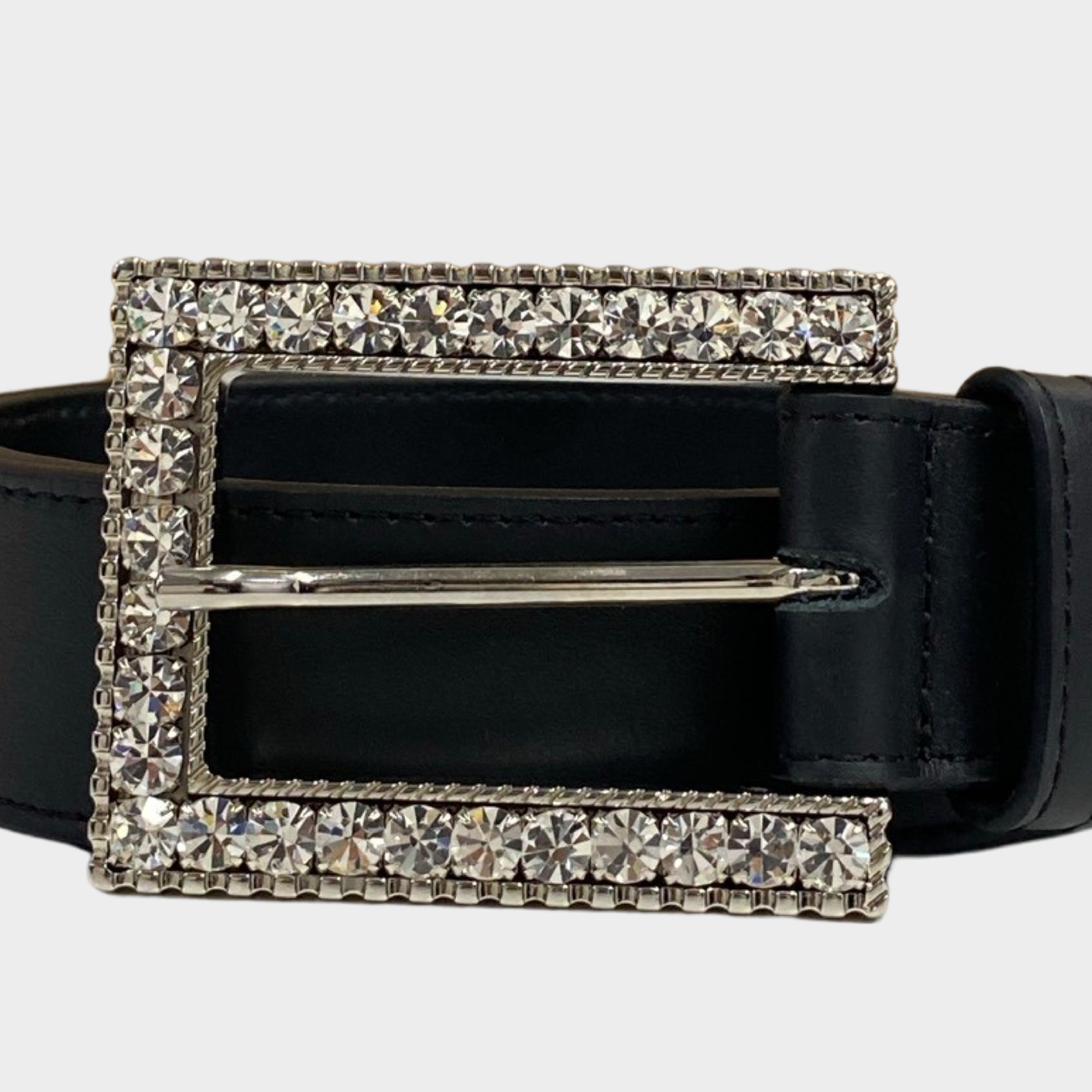 Alessandra Rich women s black leather belt with big crystal buckle